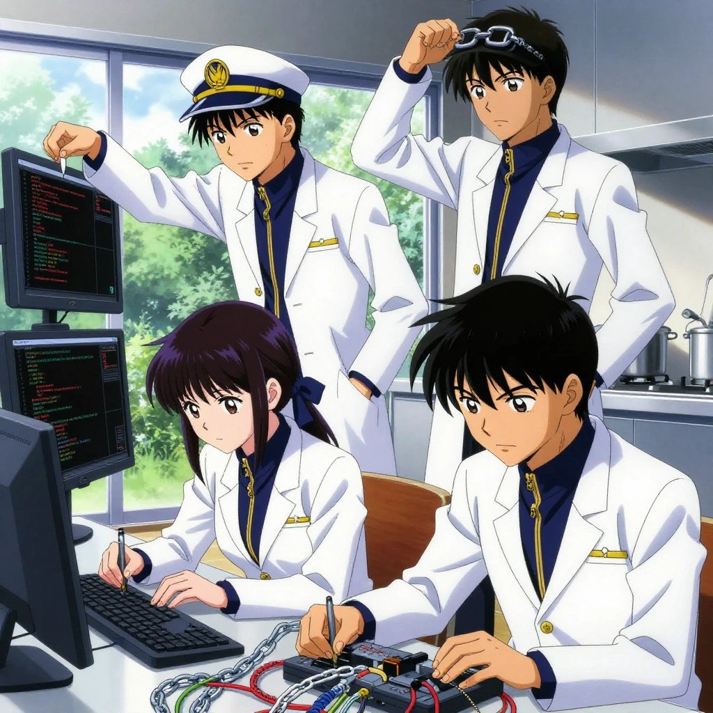 a team of 3 anime characters in white lab coats with navy blue collars and gold zipper accents training a literal chain in a sleek modern kitchen with large windows opening onto a garden. One character wears a peaked captain's cap with a gold insignia. One female character has a navy ribbon tied in her hair. All characters wear small gold lapel badges. One deploys an update to production, watching dashboards for anomalies. One writes and tests code, iterating based on what runs correctly. One troubleshoots a flaky network connection, checking configs and physical links. NO TEXT anywhere in this image — no speech bubbles, no word bubbles, no labels, no signs, no writing of any kind. Anime style, vibrant colors, clean composition, cinematic lighting.