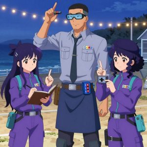 An anime scene showing 3 characters. 1. a male anime character with a tall, sturdy build, short side-part hair, light goatee, wearing a neatly buttoned collared shirt with a clip-on tie and a tool apron, a utility belt with a small battery pack that connects to his eyeglasses, flat chest with no breasts 2. a female anime character with a petite build, cute face, no facial hair, long hair with a bow hair accessory 3. a female anime character with a smaller build, soft smile, no facial hair, hair in loose curls with a small hair clip All characters wear electric purple and cyan technical repair team with a sci-fi aesthetic. Each character wears two small lapel pins — one showing the the Google logo — four colored letters G o o g in bold, blue red yellow blue (real brand), and one showing the uppercase B with two crossed vertical lines through it logo (abstract). One character wears a beret. One character has fingertip caps for precision work. Characters interact through gesture, voice, and movement — pointing, gesturing with purpose, speaking to devices, touching their own fingertips together to transmit data, wearing AR glasses. No character touches a keyboard or looks at a screen. No character waves at the camera. No character faces the viewer directly. The team is measuring a literal coastguard in a beachside boardwalk at twilight with string lights and warm sand. Exactly 3 characters in this scene — no more, no fewer. One takes a precise reading with a calibrated instrument, recording it in a logbook. One weighs or measures a sample, handling it carefully to avoid contamination. One monitors a readout while adjusting a dial, watching for the target value. Exactly 3 characters total. The image must contain precisely 3 characters.NO TEXT anywhere in this image — no speech bubbles, no word bubbles, no labels, no signs, no writing of any kind. Anime style, vibrant colors, clean composition, cinematic lighting.