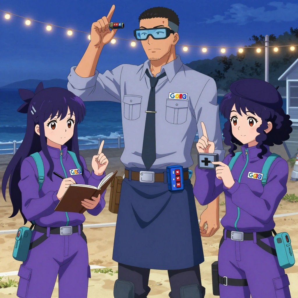 An anime scene showing 3 characters. 1. a male anime character with a tall, sturdy build, short side-part hair, light goatee, wearing a neatly buttoned collared shirt with a clip-on tie and a tool apron, a utility belt with a small battery pack that connects to his eyeglasses, flat chest with no breasts 2. a female anime character with a petite build, cute face, no facial hair, long hair with a bow hair accessory 3. a female anime character with a smaller build, soft smile, no facial hair, hair in loose curls with a small hair clip All characters wear electric purple and cyan technical repair team with a sci-fi aesthetic. Each character wears two small lapel pins — one showing the the Google logo — four colored letters G o o g in bold, blue red yellow blue (real brand), and one showing the uppercase B with two crossed vertical lines through it logo (abstract). One character wears a beret. One character has fingertip caps for precision work. Characters interact through gesture, voice, and movement — pointing, gesturing with purpose, speaking to devices, touching their own fingertips together to transmit data, wearing AR glasses. No character touches a keyboard or looks at a screen. No character waves at the camera. No character faces the viewer directly. The team is measuring a literal coastguard in a beachside boardwalk at twilight with string lights and warm sand. Exactly 3 characters in this scene — no more, no fewer. One takes a precise reading with a calibrated instrument, recording it in a logbook. One weighs or measures a sample, handling it carefully to avoid contamination. One monitors a readout while adjusting a dial, watching for the target value. Exactly 3 characters total. The image must contain precisely 3 characters.NO TEXT anywhere in this image — no speech bubbles, no word bubbles, no labels, no signs, no writing of any kind. Anime style, vibrant colors, clean composition, cinematic lighting.