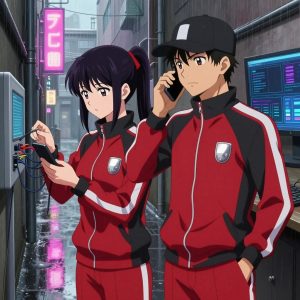 a team of 2 anime characters in crimson and black athletic track suits with white stripes down the sleeves debugging a literal phone in a rain-soaked city alley with neon signs reflecting in puddles. All characters wear small reflective silver badges on their chests. One female character has a crimson ribbon tied around her ponytail. One character wears a black cap with a white stripe. One troubleshoots a flaky network connection, checking configs and physical links. One deploys an update to production, watching dashboards for anomalies. NO TEXT anywhere in this image — no speech bubbles, no word bubbles, no labels, no signs, no writing of any kind. Anime style, vibrant colors, clean composition, cinematic lighting.