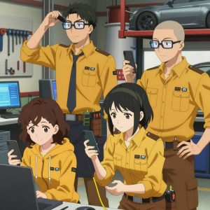 An anime scene showing 4 characters. 1. a female anime character with a smaller build, soft smile, no facial hair, hair in loose curls with a small hair clip 2. a male anime character with a tall, sturdy build, short side-part hair, light goatee, wearing a neatly buttoned collared shirt with a clip-on tie and a tool apron, a utility belt with a small battery pack that connects to his eyeglasses, flat chest with no breasts 3. a female anime character with a slim build, gentle features, no facial hair, hair in a bob with a headband 4. a male anime character with a lean, wiry build, short wavy hair, clean-shaven, wearing a neatly buttoned utility shirt with a buttoned collar and chest pockets snapped shut, a utility belt with a small battery pack that connects to his eyeglasses, flat chest with no breasts All characters wear mustard yellow and brown technical repair team with a highschool aesthetic. Each character wears two small lapel pins — one showing the the Amazon logo — a smile arrow from A to Z in black on orange text (real brand), and one showing the stylized S or swirl with a vertical line through it, blue and white logo (abstract). One character wears a hoodie. One character has signal reflector patch on the shoulder. No laptops, no desktop computers, no monitors, no standing display screens. Cellphone displays are fine. The team is practicing a literal lighthouse in a mechanic's garage with tools organized on pegboards and cars on lifts. One performs with genuine expression, letting the music carry the emotion. One trains hard on a course, learning from each previous attempt. One practices a difficult passage with full concentration, building muscle memory. One coaches a teammate on technique with constructive pointers. NO TEXT anywhere in this image — no speech bubbles, no word bubbles, no labels, no signs, no writing of any kind. Anime style, vibrant colors, clean composition, cinematic lighting.