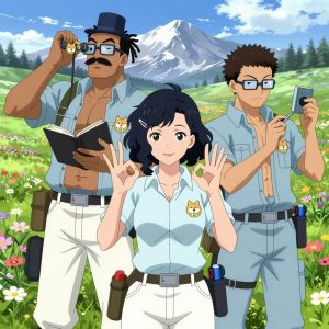 An anime scene showing 3 characters. 1. a male anime character with a tall, rugged build, short dreadlock hair, thick mustache, wearing a utility belt with a small battery pack that connects to his eyeglasses, flat chest with no breasts 2. a female anime character with a smaller build, soft smile, no facial hair, hair in loose curls with a small hair clip 3. a male anime character with a lean, medium build, short textured hair, light stubble, wearing a utility belt with a small battery pack that connects to his eyeglasses, flat chest with no breasts All characters wear soft blue and peach field research team with a black and white aesthetic. Each character wears a small lapel pin showing the shiba inu dog face with a coin around the neck logo. One character wears a top hat. One character faces the camera directly and making the OK sign — thumb and index finger form a circle, other fingers spread, clearly visible, hands large and clearly visible in the foreground. The team is measuring a literal quantum in a high alpine meadow in full summer bloom with mountain peaks beyond. One takes a precise reading with a calibrated instrument, recording it in a logbook. One verifies dimensions with a precision tool, comparing to the specification. One monitors a readout while adjusting a dial, watching for the target value. NO TEXT anywhere in this image — no speech bubbles, no word bubbles, no labels, no signs, no writing of any kind. Anime style, vibrant colors, clean composition, cinematic lighting.