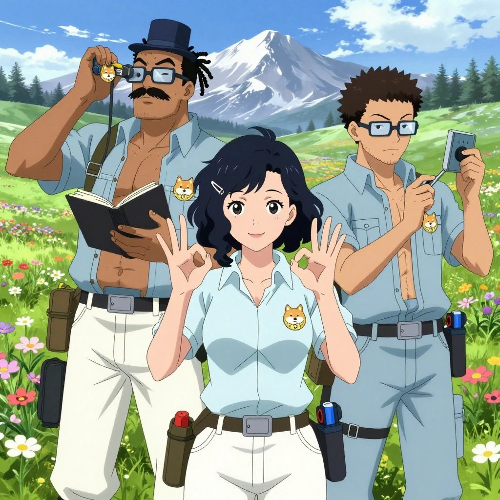 An anime scene showing 3 characters. 1. a male anime character with a tall, rugged build, short dreadlock hair, thick mustache, wearing a utility belt with a small battery pack that connects to his eyeglasses, flat chest with no breasts 2. a female anime character with a smaller build, soft smile, no facial hair, hair in loose curls with a small hair clip 3. a male anime character with a lean, medium build, short textured hair, light stubble, wearing a utility belt with a small battery pack that connects to his eyeglasses, flat chest with no breasts All characters wear soft blue and peach field research team with a black and white aesthetic. Each character wears a small lapel pin showing the shiba inu dog face with a coin around the neck logo. One character wears a top hat. One character faces the camera directly and making the OK sign — thumb and index finger form a circle, other fingers spread, clearly visible, hands large and clearly visible in the foreground. The team is measuring a literal quantum in a high alpine meadow in full summer bloom with mountain peaks beyond. One takes a precise reading with a calibrated instrument, recording it in a logbook. One verifies dimensions with a precision tool, comparing to the specification. One monitors a readout while adjusting a dial, watching for the target value. NO TEXT anywhere in this image — no speech bubbles, no word bubbles, no labels, no signs, no writing of any kind. Anime style, vibrant colors, clean composition, cinematic lighting.