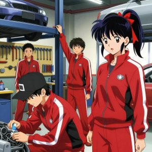 1 anime characters in crimson and black athletic track suits with white stripes down the sleeves repairing a literal house in a mechanic's garage with tools organized on pegboards and cars on lifts. All characters wear small reflective silver badges on their chests. One female character has a crimson ribbon tied around her ponytail. One character wears a black cap with a white stripe. One cleans a critical part with solvent, working in a well-ventilated spot. NO TEXT anywhere in this image — no speech bubbles, no word bubbles, no labels, no signs, no writing of any kind. Anime style, vibrant colors, clean composition, cinematic lighting.