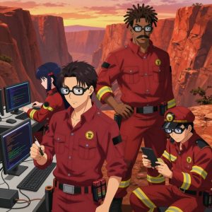 An anime scene showing 3 characters. 1. a male anime character with a lean, wiry build, short wavy hair, clean-shaven, wearing a neatly buttoned utility shirt with a buttoned collar and chest pockets snapped shut, a utility belt with a small battery pack that connects to his eyeglasses, flat chest with no breasts 2. a female anime character with a petite build, cute face, no facial hair, long hair with a bow hair accessory 3. a male anime character with a tall, rugged build, short dreadlock hair, thick mustache, wearing a neatly buttoned utility jacket with a mandarin collar and two chest pockets, a utility belt with a small battery pack that connects to his eyeglasses, flat chest with no breasts All characters wear deep red and gold search and rescue team with a steampunk aesthetic. Each character wears a small lapel pin showing the USDT token symbol — a T with a double horizontal line logo. One character wears a captain's hat. The team is programming a literal bitcoin in a wide canyon with layered red rock walls glowing at sunset. One writes and tests code, iterating based on what runs correctly. One boots up a cluster and monitors the training job's progress metrics. One troubleshoots a flaky network connection, checking configs and physical links. NO TEXT anywhere in this image — no speech bubbles, no word bubbles, no labels, no signs, no writing of any kind. Anime style, vibrant colors, clean composition, cinematic lighting.