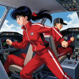 1 anime characters in crimson and black athletic track suits with white stripes down the sleeves running a literal robot in a small airplane cockpit with instruments and blue sky beyond the windscreen. All characters wear small reflective silver badges on their chests. One female character has a crimson ribbon tied around her ponytail. One character wears a black cap with a white stripe. One writes and tests code, iterating based on what runs correctly. NO TEXT anywhere in this image — no speech bubbles, no word bubbles, no labels, no signs, no writing of any kind. Anime style, vibrant colors, clean composition, cinematic lighting.