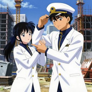 1 anime characters in white lab coats with navy blue collars and gold zipper accents performing a literal cities in a construction site with scaffolding and materials stacked against blue sky. One character wears a peaked captain's cap with a gold insignia. One female character has a navy ribbon tied in her hair. All characters wear small gold lapel badges. One coaches a teammate on technique with constructive pointers. NO TEXT anywhere in this image — no speech bubbles, no word bubbles, no labels, no signs, no writing of any kind. Anime style, vibrant colors, clean composition, cinematic lighting.