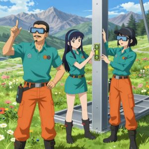An anime scene showing 3 characters. 1. a male anime character with a fit, medium build, short slicked-back hair, light mustache, wearing a neatly buttoned work polo with a collared neck and buttoned cuffs, a utility belt with a small battery pack that connects to his eyeglasses, flat chest with no breasts 2. a female anime character with a petite build, expressive eyes, no facial hair, long straight hair with a ribbon headband 3. a female anime character with a slim build, gentle features, no facial hair, hair in a bob with a headband All characters wear teal and burnt orange maintenance crew with a news reporter aesthetic. Each character wears two small lapel pins — one showing the the OpenAI logo — two interlocking U-shapes forming an abstract brain, warm gray and black (real brand), and one showing the stylized H with an open crossbar inside a circle, teal and cyan colors logo (abstract). One character wears a flat cap. One character has magnetized boot heels for steel surfaces. Characters interact through gesture, voice, and movement — pointing, gesturing with purpose, speaking to devices, touching their own fingertips together to transmit data, wearing AR glasses. No character touches a keyboard or looks at a screen. No character waves at the camera. No character faces the viewer directly. The team is building a literal lookout tower in a high alpine meadow in full summer bloom with mountain peaks beyond. Exactly 3 characters in this scene — no more, no fewer. One sands a surface smooth before applying finish, feeling for imperfections. One checks alignment and level before securing each joint. One cuts material to exact measurements, double-checking against the plan. Exactly 3 characters total. The image must contain precisely 3 characters.NO TEXT anywhere in this image — no speech bubbles, no word bubbles, no labels, no signs, no writing of any kind. Anime style, vibrant colors, clean composition, cinematic lighting.