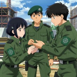 a team of 3 anime characters in forest green tactical jackets with black shoulder pads and silver insignia teaching a literal researchers in a construction site with scaffolding and materials stacked against blue sky. One character wears a forest green beret. One female character has a small silver hair clip shaped like a leaf. All characters wear matching green arm patches with a geometric compass logo. One demonstrates a technique with patience, making sure the learner follows each step. One reviews someone's work and gives specific, actionable feedback. One guides a student through a correction, offering encouragement. NO TEXT anywhere in this image — no speech bubbles, no word bubbles, no labels, no signs, no writing of any kind. Anime style, vibrant colors, clean composition, cinematic lighting.