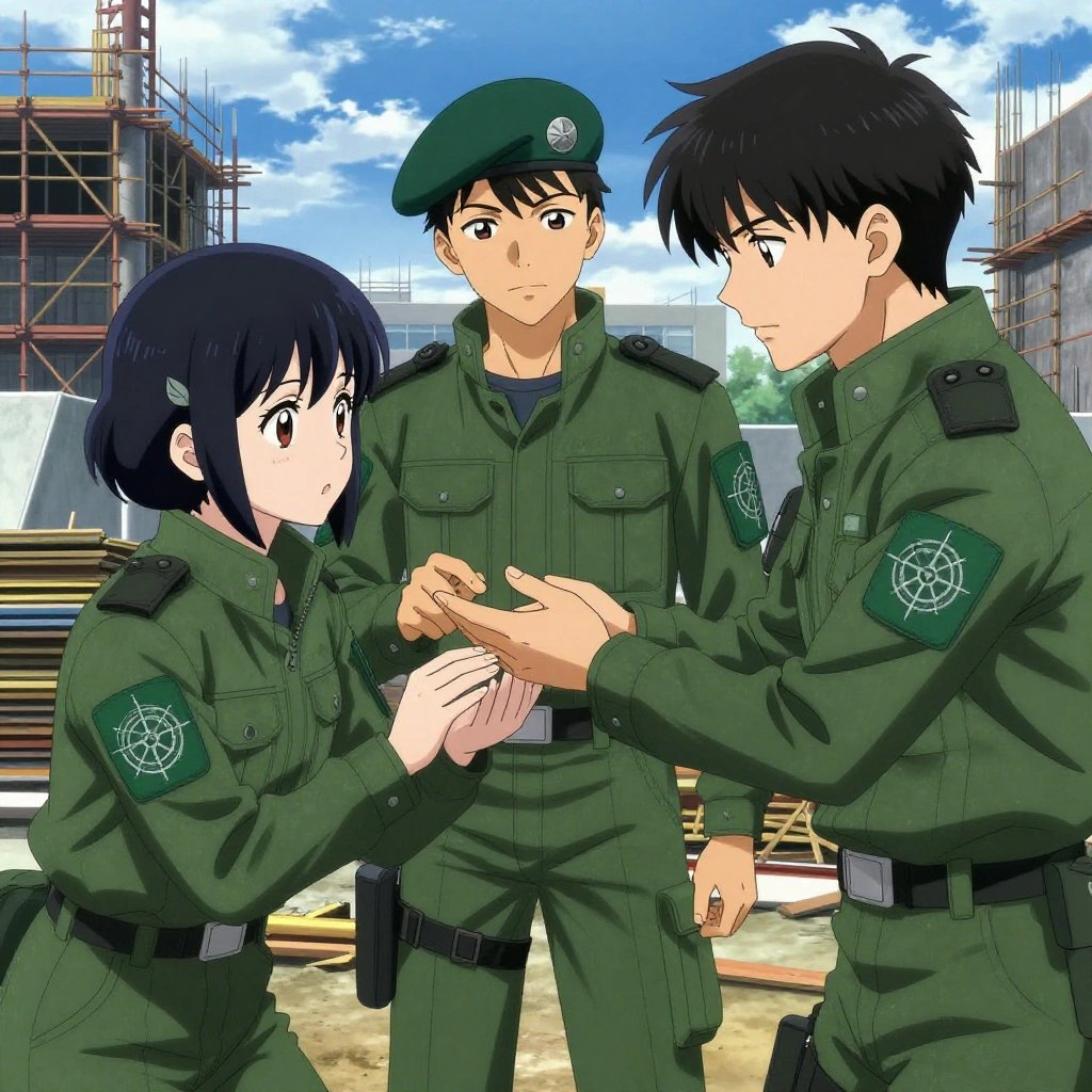 a team of 3 anime characters in forest green tactical jackets with black shoulder pads and silver insignia teaching a literal researchers in a construction site with scaffolding and materials stacked against blue sky. One character wears a forest green beret. One female character has a small silver hair clip shaped like a leaf. All characters wear matching green arm patches with a geometric compass logo. One demonstrates a technique with patience, making sure the learner follows each step. One reviews someone's work and gives specific, actionable feedback. One guides a student through a correction, offering encouragement. NO TEXT anywhere in this image — no speech bubbles, no word bubbles, no labels, no signs, no writing of any kind. Anime style, vibrant colors, clean composition, cinematic lighting.