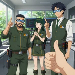 An anime scene showing 3 characters. 1. a male anime character with a stocky, strong build, short undercut hair, full beard, wearing a neatly buttoned work jacket with a full zip front and rolled sleeves, a utility belt with a small battery pack that connects to his eyeglasses, flat chest with no breasts 2. a female anime character with a petite build, expressive eyes, no facial hair, long straight hair with a ribbon headband 3. a male anime character with a tall, lean build, short messy hair, clean-shaven, wearing a neatly pressed collared button-up with a vest over top, a utility belt with a small battery pack that connects to his eyeglasses, flat chest with no breasts All characters wear dark forest green and gold scientific expedition team with a teacher aesthetic. Each character wears two small lapel pins — one showing the the Amazon logo — a smile arrow from A to Z in black on orange text (real brand), and one showing the stylized S or swirl with a vertical line through it, blue and white logo (abstract). One character wears a beret. One character has calibrated ankle strap for terrain mapping. Character #3 making a thumbs-up sign — fist with thumb extending upward, clearly visible, hands large and clearly visible in the foreground. Characters interact through gesture, voice, and movement — pointing, gesturing with purpose, speaking to devices, touching their own fingertips together to transmit data, wearing AR glasses. No character touches a keyboard or looks at a screen. No character waves at the camera. No character faces the viewer directly. The team is programming a literal greenhouse in a sleek modern kitchen with large windows opening onto a garden. Exactly 3 characters in this scene — no more, no fewer. One troubleshoots a flaky network connection, checking configs and physical links. One boots up a cluster and monitors the training job's progress metrics. One writes and tests code, iterating based on what runs correctly. Exactly 3 characters total. The image must contain precisely 3 characters.NO TEXT anywhere in this image — no speech bubbles, no word bubbles, no labels, no signs, no writing of any kind. Anime style, vibrant colors, clean composition, cinematic lighting.
