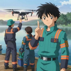 1 anime characters in teal and charcoal mechanic coveralls with neon orange reflective strips using sign language a literal drone in a calm lakeside dock at dawn with mist rising off the water. All characters have matching orange hazard stripes on their sleeves. One character wears a teal bucket hat. One female character has a small orange ribbon pinned to her coverall collar. One faces the camera and makes a clear ASL gesture — hand shapes, fingerspelling, or a recognizable sign — while the others continue their work nearby. One diagnoses the fault by listening to how the mechanism sounds. NO TEXT anywhere in this image — no speech bubbles, no word bubbles, no labels, no signs, no writing of any kind. Anime style, vibrant colors, clean composition, cinematic lighting.