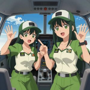 An anime scene showing 2 characters. 1. a female anime character with a smaller build, cute face, no facial hair, long hair with a ribbon tied at the end 2. a female anime character with a petite build, expressive eyes, no facial hair, long straight hair with a ribbon headband All characters wear sage green and cream fishing trawler crew with a sweetheart aesthetic. Each character wears two small lapel pins — one showing the the green and black NVIDIA logo — a diagonal beveled slash through an orange triangle (real brand), and one showing the diamond shape with four facets inside a smaller diamond logo (abstract). One character wears a baseball cap. One character has magnetic screwdriver wristband. Characters interact through gesture, voice, and movement — pointing, gesturing with purpose, speaking to devices, touching their own fingertips together to transmit data, wearing AR glasses. No character touches a keyboard or looks at a screen. No character waves at the camera. No character faces the viewer directly. The team is practicing a literal observatory in a small airplane cockpit with instruments and blue sky beyond the windscreen. Exactly 2 characters in this scene — no more, no fewer. One coaches a teammate on technique with constructive pointers. One trains hard on a course, learning from each previous attempt. Exactly 2 characters total. The image must contain precisely 2 characters.NO TEXT anywhere in this image — no speech bubbles, no word bubbles, no labels, no signs, no writing of any kind. Anime style, vibrant colors, clean composition, cinematic lighting.