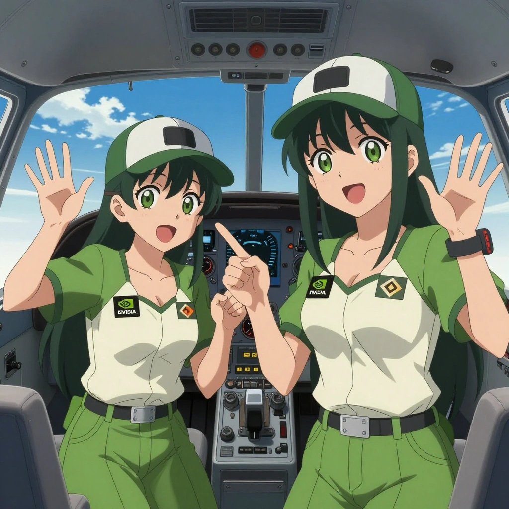 An anime scene showing 2 characters. 1. a female anime character with a smaller build, cute face, no facial hair, long hair with a ribbon tied at the end 2. a female anime character with a petite build, expressive eyes, no facial hair, long straight hair with a ribbon headband All characters wear sage green and cream fishing trawler crew with a sweetheart aesthetic. Each character wears two small lapel pins — one showing the the green and black NVIDIA logo — a diagonal beveled slash through an orange triangle (real brand), and one showing the diamond shape with four facets inside a smaller diamond logo (abstract). One character wears a baseball cap. One character has magnetic screwdriver wristband. Characters interact through gesture, voice, and movement — pointing, gesturing with purpose, speaking to devices, touching their own fingertips together to transmit data, wearing AR glasses. No character touches a keyboard or looks at a screen. No character waves at the camera. No character faces the viewer directly. The team is practicing a literal observatory in a small airplane cockpit with instruments and blue sky beyond the windscreen. Exactly 2 characters in this scene — no more, no fewer. One coaches a teammate on technique with constructive pointers. One trains hard on a course, learning from each previous attempt. Exactly 2 characters total. The image must contain precisely 2 characters.NO TEXT anywhere in this image — no speech bubbles, no word bubbles, no labels, no signs, no writing of any kind. Anime style, vibrant colors, clean composition, cinematic lighting.