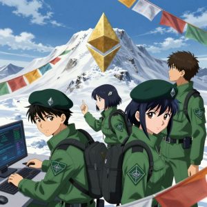 1 anime characters in forest green tactical jackets with black shoulder pads and silver insignia deploying a literal ethereum in a snowy mountain peak with prayer flags waving in strong wind. One character wears a forest green beret. One female character has a small silver hair clip shaped like a leaf. All characters wear matching green arm patches with a geometric compass logo. One deploys an update to production, watching dashboards for anomalies. NO TEXT anywhere in this image — no speech bubbles, no word bubbles, no labels, no signs, no writing of any kind. Anime style, vibrant colors, clean composition, cinematic lighting.