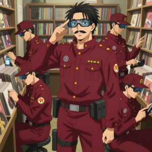 An anime scene showing 1 characters. 1. a male anime character with a tall, rugged build, short dreadlock hair, thick mustache, wearing a neatly buttoned utility jacket with a mandarin collar and two chest pockets, a utility belt with a small battery pack that connects to his eyeglasses, flat chest with no breasts All characters wear deep red and gold field research team with a winter aesthetic. Each character wears two small lapel pins β one showing the the OpenAI logo β two interlocking U-shapes forming an abstract brain, warm gray and black (real brand), and one showing the a shiba inu dog face with an orange hoodie, within a single circle, orange and white colors logo (abstract). One character wears a captain's hat. One character has calibrated ankle strap for terrain mapping. Characters interact through gesture, voice, and movement β pointing, gesturing with purpose, speaking to devices, touching their own fingertips together to transmit data, wearing AR glasses. No character touches a keyboard or looks at a screen. No character waves at the camera. No character faces the viewer directly. The team is repairing a literal amphitheater in a vintage record store filled with colorful album spines. Exactly 1 characters in this scene β no more, no fewer. One cleans a critical part with solvent, working in a well-ventilated spot. Exactly 1 characters total. The image must contain precisely 1 characters.NO TEXT anywhere in this image β no speech bubbles, no word bubbles, no labels, no signs, no writing of any kind. Anime style, vibrant colors, clean composition, cinematic lighting.