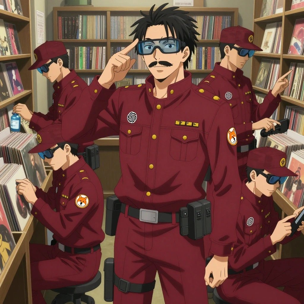 An anime scene showing 1 characters. 1. a male anime character with a tall, rugged build, short dreadlock hair, thick mustache, wearing a neatly buttoned utility jacket with a mandarin collar and two chest pockets, a utility belt with a small battery pack that connects to his eyeglasses, flat chest with no breasts All characters wear deep red and gold field research team with a winter aesthetic. Each character wears two small lapel pins — one showing the the OpenAI logo — two interlocking U-shapes forming an abstract brain, warm gray and black (real brand), and one showing the a shiba inu dog face with an orange hoodie, within a single circle, orange and white colors logo (abstract). One character wears a captain's hat. One character has calibrated ankle strap for terrain mapping. Characters interact through gesture, voice, and movement — pointing, gesturing with purpose, speaking to devices, touching their own fingertips together to transmit data, wearing AR glasses. No character touches a keyboard or looks at a screen. No character waves at the camera. No character faces the viewer directly. The team is repairing a literal amphitheater in a vintage record store filled with colorful album spines. Exactly 1 characters in this scene — no more, no fewer. One cleans a critical part with solvent, working in a well-ventilated spot. Exactly 1 characters total. The image must contain precisely 1 characters.NO TEXT anywhere in this image — no speech bubbles, no word bubbles, no labels, no signs, no writing of any kind. Anime style, vibrant colors, clean composition, cinematic lighting.