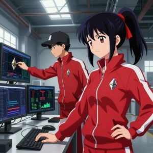 a team of 2 anime characters in crimson and black athletic track suits with white stripes down the sleeves debugging a literal ethereum in an industrial warehouse with natural light streaming through skylights. All characters wear small reflective silver badges on their chests. One female character has a crimson ribbon tied around her ponytail. One character wears a black cap with a white stripe. One deploys an update to production, watching dashboards for anomalies. One boots up a cluster and monitors the training job's progress metrics. NO TEXT anywhere in this image β no speech bubbles, no word bubbles, no labels, no signs, no writing of any kind. Anime style, vibrant colors, clean composition, cinematic lighting.