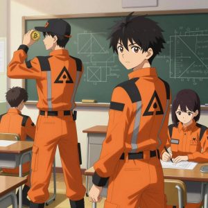 1 anime characters in orange and black hazard unit jumpsuits with reflective safety striping deploying a literal bitcoin in a sunny classroom with desks and a chalkboard covered in diagrams. All characters have matching black triangle logos on their backs. One character wears a black utility cap with an orange emblem. One female character has a small orange ribbon pinned to her collar. One writes and tests code, iterating based on what runs correctly. NO TEXT anywhere in this image — no speech bubbles, no word bubbles, no labels, no signs, no writing of any kind. Anime style, vibrant colors, clean composition, cinematic lighting.