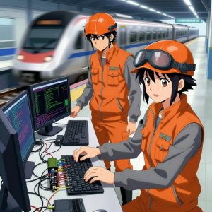a team of 2 anime characters in burnt orange engineering vests worn over neutral gray base layers programming a literal nvidia in a high-speed rail platform with a train arriving in a blur of silver. All characters have small gray utility patches on their vests. One character wears an orange reflective helmet. One female character has a small gray ribbon pinned to her vest. One boots up a cluster and monitors the training job's progress metrics. One troubleshoots a flaky network connection, checking configs and physical links. NO TEXT anywhere in this image — no speech bubbles, no word bubbles, no labels, no signs, no writing of any kind. Anime style, vibrant colors, clean composition, cinematic lighting.
