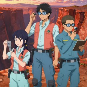 An anime scene showing 3 characters. 1. a female anime character with a petite build, soft features, no facial hair, hair in twin braids with small flower clips 2. a male anime character with a tall, lean build, short messy hair, clean-shaven, wearing a neatly pressed collared button-up with a vest over top, a utility belt with a small battery pack that connects to his eyeglasses, flat chest with no breasts 3. a male anime character with a lean, medium build, short textured hair, light stubble, wearing a neatly buttoned utility smock with a buttoned collar and chest flaps closed, a utility belt with a small battery pack that connects to his eyeglasses, flat chest with no breasts All characters wear light blue and coral hazardous disposal team with a patterns aesthetic. Each character wears a small lapel pin showing the hexagon-diamond shape with a Y inside, blue and yellow logo. One character wears a beanie. The team is measuring a literal quantum in a wide canyon with layered red rock walls glowing at sunset. One monitors a readout while adjusting a dial, watching for the target value. One verifies dimensions with a precision tool, comparing to the specification. One takes a precise reading with a calibrated instrument, recording it in a logbook. NO TEXT anywhere in this image — no speech bubbles, no word bubbles, no labels, no signs, no writing of any kind. Anime style, vibrant colors, clean composition, cinematic lighting.