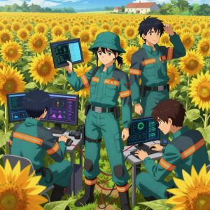a team of 3 anime characters in teal and charcoal mechanic coveralls with neon orange reflective strips deploying a literal ethereum in a sunflower field extending to a farmstead on the horizon. All characters have matching orange hazard stripes on their sleeves. One character wears a teal bucket hat. One female character has a small orange ribbon pinned to her coverall collar. One boots up a cluster and monitors the training job's progress metrics. One deploys an update to production, watching dashboards for anomalies. One troubleshoots a flaky network connection, checking configs and physical links. NO TEXT anywhere in this image — no speech bubbles, no word bubbles, no labels, no signs, no writing of any kind. Anime style, vibrant colors, clean composition, cinematic lighting.