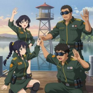 An anime scene showing 4 characters. 1. a female anime character with a slender build, youthful face, no facial hair, side ponytail with a ribbon 2. a female anime character with a petite build, soft features, no facial hair, hair in twin braids with small flower clips 3. a female anime character with a slim build, gentle features, no facial hair, hair in a bob with a headband 4. a male anime character with a broader, muscular build, short spiky hair, light stubble, wearing a neatly buttoned work shirt with epaulets and a zipped front, a utility belt with a small battery pack that connects to his eyeglasses, flat chest with no breasts All characters wear dark forest green and gold hazardous disposal team with a model photoshoot aesthetic. Each character wears two small lapel pins β one showing the the Anthropic logo β a stylized A made of three overlapping triangles, warm orange (real brand), and one showing the uppercase B with two crossed vertical lines through it logo (abstract). One character wears a top hat. One character has hearing protection with built-in radio. Characters interact through gesture, voice, and movement β touching fingertips together, pointing, waving hands in the air, speaking to devices, wearing AR glasses. No character touches a keyboard or looks at a screen. The team is practicing a literal lookout tower in a calm lakeside dock at dawn with mist rising off the water. One practices a difficult passage with full concentration, building muscle memory. One performs with genuine expression, letting the music carry the emotion. One coaches a teammate on technique with constructive pointers. One trains hard on a course, learning from each previous attempt. NO TEXT anywhere in this image β no speech bubbles, no word bubbles, no labels, no signs, no writing of any kind. Anime style, vibrant colors, clean composition, cinematic lighting.