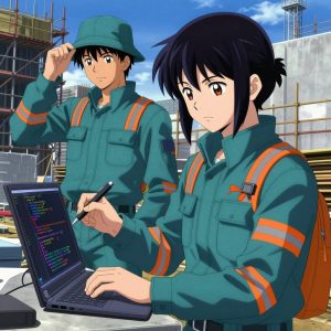 1 anime characters in teal and charcoal mechanic coveralls with neon orange reflective strips programming a literal solana in a construction site with scaffolding and materials stacked against blue sky. All characters have matching orange hazard stripes on their sleeves. One character wears a teal bucket hat. One female character has a small orange ribbon pinned to her coverall collar. One writes and tests code, iterating based on what runs correctly. NO TEXT anywhere in this image — no speech bubbles, no word bubbles, no labels, no signs, no writing of any kind. Anime style, vibrant colors, clean composition, cinematic lighting.