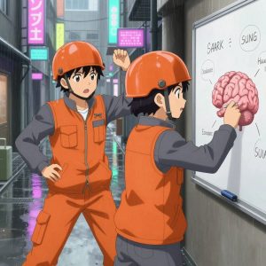 a team of 2 anime characters in burnt orange engineering vests worn over neutral gray base layers training a literal brain in a rain-soaked city alley with neon signs reflecting in puddles. All characters have small gray utility patches on their vests. One character wears an orange reflective helmet. One female character has a small gray ribbon pinned to her vest. One demonstrates a technique with patience, making sure the learner follows each step. One writes key concepts on a whiteboard while explaining the reasoning. NO TEXT anywhere in this image — no speech bubbles, no word bubbles, no labels, no signs, no writing of any kind. Anime style, vibrant colors, clean composition, cinematic lighting.