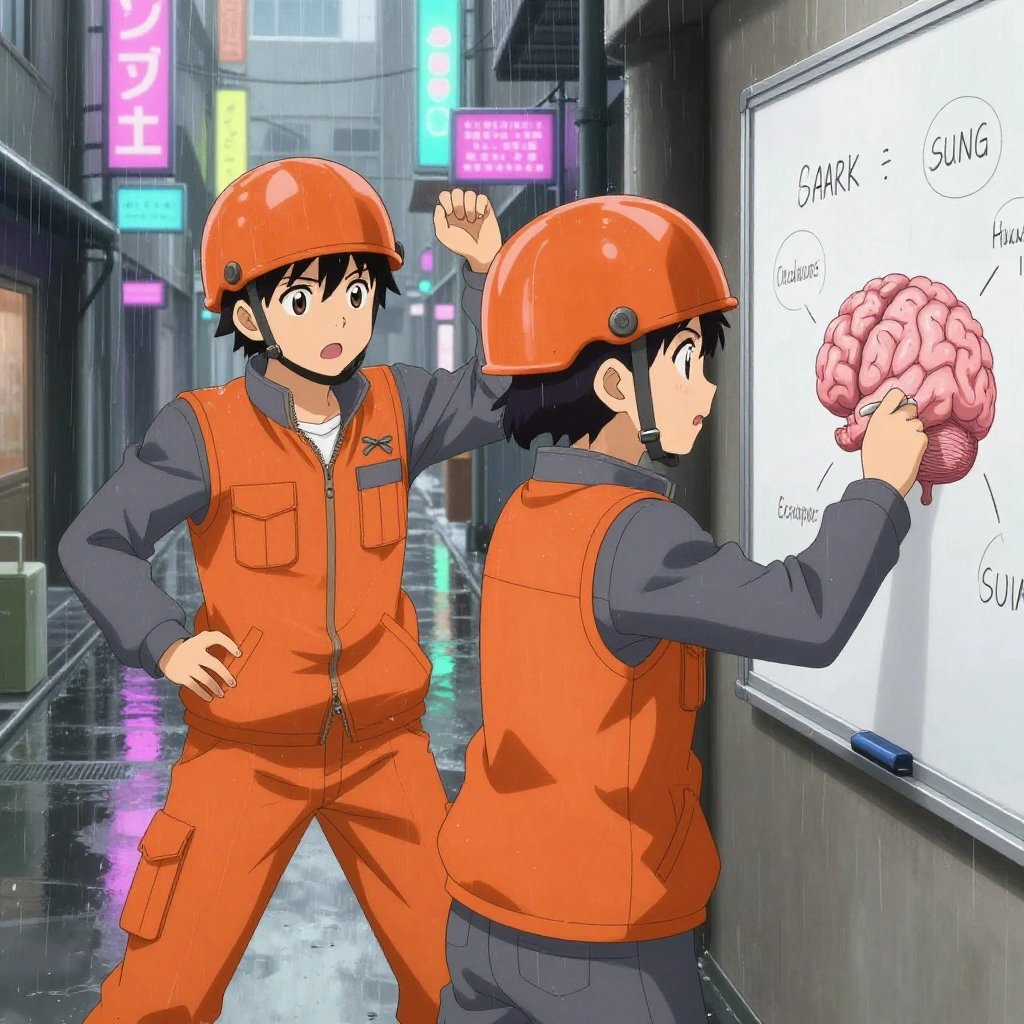 a team of 2 anime characters in burnt orange engineering vests worn over neutral gray base layers training a literal brain in a rain-soaked city alley with neon signs reflecting in puddles. All characters have small gray utility patches on their vests. One character wears an orange reflective helmet. One female character has a small gray ribbon pinned to her vest. One demonstrates a technique with patience, making sure the learner follows each step. One writes key concepts on a whiteboard while explaining the reasoning. NO TEXT anywhere in this image — no speech bubbles, no word bubbles, no labels, no signs, no writing of any kind. Anime style, vibrant colors, clean composition, cinematic lighting.