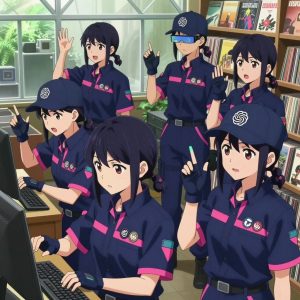 An anime scene showing 1 characters. 1. a female anime character with a petite build, soft features, no facial hair, hair in twin braids with small flower clips All characters wear deep indigo and pink technical repair team with a mean girl aesthetic. Each character wears two small lapel pins — one showing the the OpenAI logo — two interlocking U-shapes forming an abstract brain, warm gray and black (real brand), and one showing the gradient circle with a stylized wave S-mark inside logo (abstract). One character wears a baseball cap. One character has gloves with fingertip sensors. Characters interact through gesture, voice, and movement — pointing, gesturing with purpose, speaking to devices, touching their own fingertips together to transmit data, wearing AR glasses. No character touches a keyboard or looks at a screen. No character waves at the camera. No character faces the viewer directly. The team is practicing a literal greenhouse in a vintage record store filled with colorful album spines. One practices a difficult passage with full concentration, building muscle memory. NO TEXT anywhere in this image — no speech bubbles, no word bubbles, no labels, no signs, no writing of any kind. Anime style, vibrant colors, clean composition, cinematic lighting.