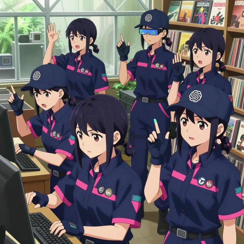 An anime scene showing 1 characters. 1. a female anime character with a petite build, soft features, no facial hair, hair in twin braids with small flower clips All characters wear deep indigo and pink technical repair team with a mean girl aesthetic. Each character wears two small lapel pins — one showing the the OpenAI logo — two interlocking U-shapes forming an abstract brain, warm gray and black (real brand), and one showing the gradient circle with a stylized wave S-mark inside logo (abstract). One character wears a baseball cap. One character has gloves with fingertip sensors. Characters interact through gesture, voice, and movement — pointing, gesturing with purpose, speaking to devices, touching their own fingertips together to transmit data, wearing AR glasses. No character touches a keyboard or looks at a screen. No character waves at the camera. No character faces the viewer directly. The team is practicing a literal greenhouse in a vintage record store filled with colorful album spines. One practices a difficult passage with full concentration, building muscle memory. NO TEXT anywhere in this image — no speech bubbles, no word bubbles, no labels, no signs, no writing of any kind. Anime style, vibrant colors, clean composition, cinematic lighting.