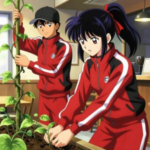 a team of 2 anime characters in crimson and black athletic track suits with white stripes down the sleeves harvesting a literal retirement in a cozy coffee shop interior with warm light and wood tones. All characters wear small reflective silver badges on their chests. One female character has a crimson ribbon tied around her ponytail. One character wears a black cap with a white stripe. One prunes dead growth to encourage healthy new shoots. One trellises a climbing plant, guiding it along a support with gentle care. NO TEXT anywhere in this image — no speech bubbles, no word bubbles, no labels, no signs, no writing of any kind. Anime style, vibrant colors, clean composition, cinematic lighting.