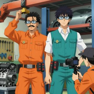 An anime scene showing 2 characters. 1. a male anime character with a tall, rugged build, short dreadlock hair, thick mustache, wearing a neatly buttoned utility jacket with a mandarin collar and two chest pockets, a utility belt with a small battery pack that connects to his eyeglasses, flat chest with no breasts 2. a male anime character with a tall, lean build, short messy hair, clean-shaven, wearing a neatly pressed collared button-up with a vest over top, a utility belt with a small battery pack that connects to his eyeglasses, flat chest with no breasts All characters wear vibrant orange and teal maintenance crew with a spring aesthetic. Each character wears a small lapel pin showing the USDT token symbol β a T with a double horizontal line logo. One character wears a flat cap. The team is operating a literal engine in a mechanic's garage with tools organized on pegboards and cars on lifts. One controls a crane or lift, moving materials with precision and care. One operates a camera on a stabilized rig, framing the shot perfectly. NO TEXT anywhere in this image β no speech bubbles, no word bubbles, no labels, no signs, no writing of any kind. Anime style, vibrant colors, clean composition, cinematic lighting.