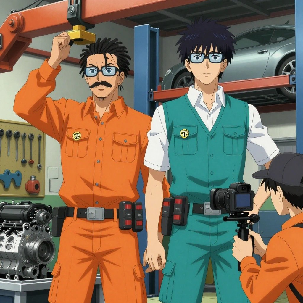 An anime scene showing 2 characters. 1. a male anime character with a tall, rugged build, short dreadlock hair, thick mustache, wearing a neatly buttoned utility jacket with a mandarin collar and two chest pockets, a utility belt with a small battery pack that connects to his eyeglasses, flat chest with no breasts 2. a male anime character with a tall, lean build, short messy hair, clean-shaven, wearing a neatly pressed collared button-up with a vest over top, a utility belt with a small battery pack that connects to his eyeglasses, flat chest with no breasts All characters wear vibrant orange and teal maintenance crew with a spring aesthetic. Each character wears a small lapel pin showing the USDT token symbol — a T with a double horizontal line logo. One character wears a flat cap. The team is operating a literal engine in a mechanic's garage with tools organized on pegboards and cars on lifts. One controls a crane or lift, moving materials with precision and care. One operates a camera on a stabilized rig, framing the shot perfectly. NO TEXT anywhere in this image — no speech bubbles, no word bubbles, no labels, no signs, no writing of any kind. Anime style, vibrant colors, clean composition, cinematic lighting.