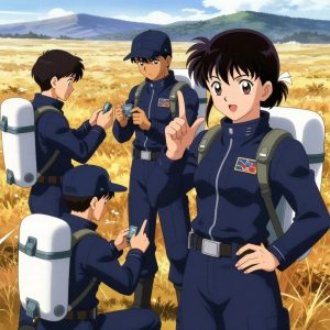 a team of 3 anime characters in dark indigo space suits with bright white life-support backpack modules doing ASL a literal settlement in an open field at golden hour with distant mountains and dry grass. All characters wear small mission patch emblems on their chest. One character wears a dark indigo flight cap. One female character has a white ribbon tied neatly in her hair. One faces the camera and makes a clear ASL gesture — hand shapes, fingerspelling, or a recognizable sign — while the others continue their work nearby. One recalibrates the device to factory specifications step by step. One practices a difficult passage with full concentration, building muscle memory. NO TEXT anywhere in this image — no speech bubbles, no word bubbles, no labels, no signs, no writing of any kind. Anime style, vibrant colors, clean composition, cinematic lighting.