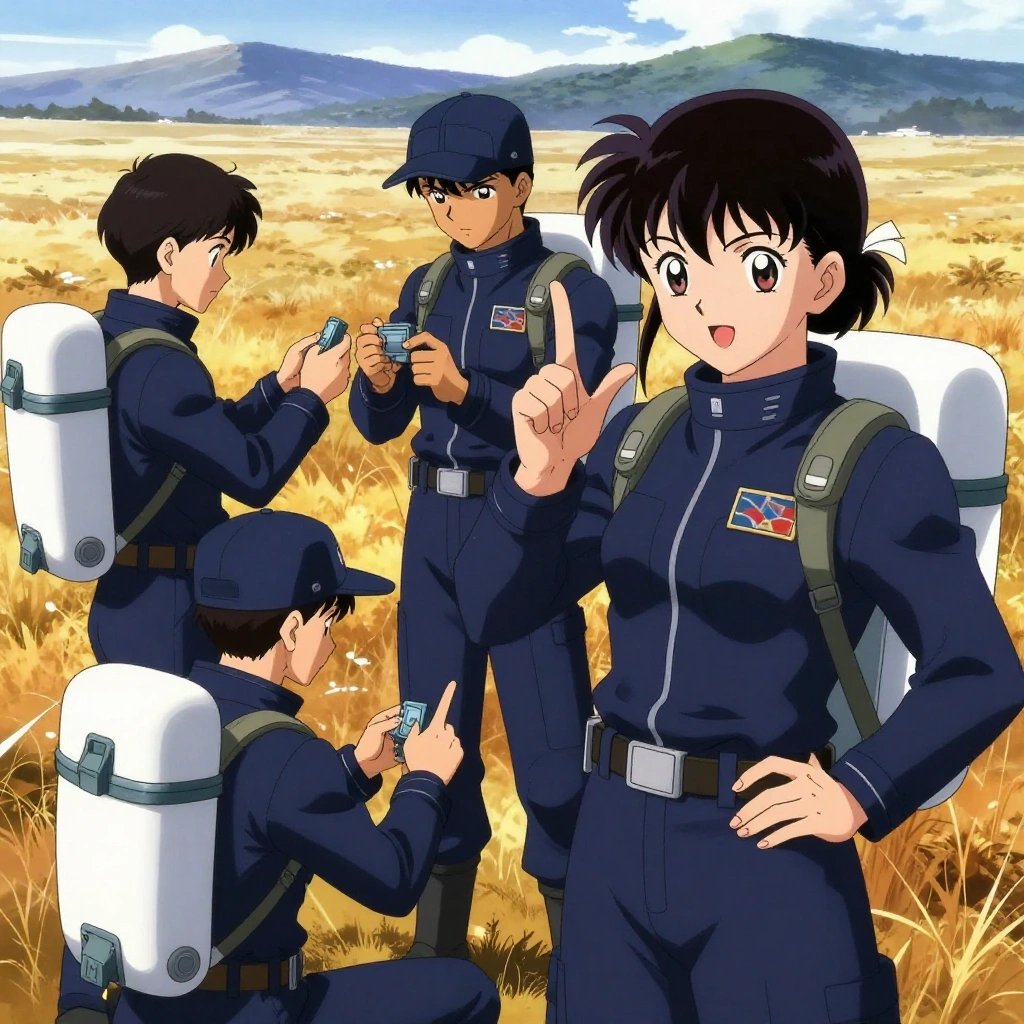 a team of 3 anime characters in dark indigo space suits with bright white life-support backpack modules doing ASL a literal settlement in an open field at golden hour with distant mountains and dry grass. All characters wear small mission patch emblems on their chest. One character wears a dark indigo flight cap. One female character has a white ribbon tied neatly in her hair. One faces the camera and makes a clear ASL gesture — hand shapes, fingerspelling, or a recognizable sign — while the others continue their work nearby. One recalibrates the device to factory specifications step by step. One practices a difficult passage with full concentration, building muscle memory. NO TEXT anywhere in this image — no speech bubbles, no word bubbles, no labels, no signs, no writing of any kind. Anime style, vibrant colors, clean composition, cinematic lighting.