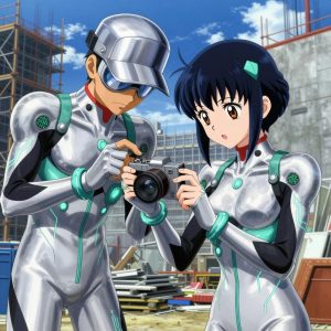 a team of 2 anime characters in silvery chrome suits with neon teal trim and glowing circuit patterns troubleshooting a literal camera in a construction site with scaffolding and materials stacked against blue sky. All characters have small glowing teal circuit-board badges on their shoulders. One character wears a sleek chrome visor cap. One female character has teal accent ribbons woven into her hair. One diagnoses the fault by listening to how the mechanism sounds. One replaces a worn component with a fresh part, checking the fit twice. NO TEXT anywhere in this image — no speech bubbles, no word bubbles, no labels, no signs, no writing of any kind. Anime style, vibrant colors, clean composition, cinematic lighting.