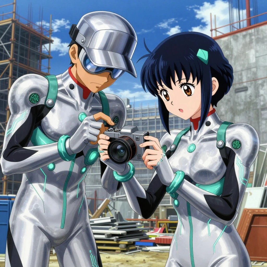 a team of 2 anime characters in silvery chrome suits with neon teal trim and glowing circuit patterns troubleshooting a literal camera in a construction site with scaffolding and materials stacked against blue sky. All characters have small glowing teal circuit-board badges on their shoulders. One character wears a sleek chrome visor cap. One female character has teal accent ribbons woven into her hair. One diagnoses the fault by listening to how the mechanism sounds. One replaces a worn component with a fresh part, checking the fit twice. NO TEXT anywhere in this image — no speech bubbles, no word bubbles, no labels, no signs, no writing of any kind. Anime style, vibrant colors, clean composition, cinematic lighting.