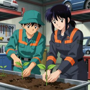 a team of 2 anime characters in teal and charcoal mechanic coveralls with neon orange reflective strips growing a literal different in a mechanic's garage with tools organized on pegboards and cars on lifts. All characters have matching orange hazard stripes on their sleeves. One character wears a teal bucket hat. One female character has a small orange ribbon pinned to her coverall collar. One waters a young seedling by hand, checking soil moisture first. One prunes dead growth to encourage healthy new shoots. NO TEXT anywhere in this image β no speech bubbles, no word bubbles, no labels, no signs, no writing of any kind. Anime style, vibrant colors, clean composition, cinematic lighting.
