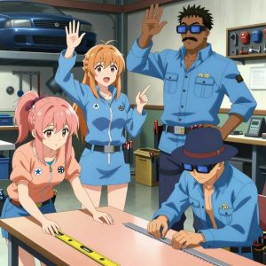 An anime scene showing 4 characters. 1. a female anime character with a petite build, soft features, no facial hair, hair in twin braids with small flower clips 2. a female anime character with a slender build, youthful face, no facial hair, side ponytail with a ribbon 3. a female anime character with a small build, round face, no facial hair, hair in a high ponytail with a bow 4. a male anime character with a tall, rugged build, short dreadlock hair, thick mustache, wearing a neatly buttoned utility jacket with a mandarin collar and two chest pockets, a utility belt with a small battery pack that connects to his eyeglasses, flat chest with no breasts All characters wear soft blue and peach scientific expedition team with a gothic romance aesthetic. Each character wears two small lapel pins — one showing the the Meta logo — a blue geometric shape like a paper airplane pointing up-right (real brand), and one showing the USDT token symbol — a T with a double horizontal line logo (abstract). One character wears a fedora. One character has utility sheathes on the belt for hand tools. Characters interact through gesture, voice, and movement — pointing, waving hands in the air, speaking to devices, touching their own fingertips together to transmit data, wearing AR glasses. No character touches a keyboard or looks at a screen. The team is building a literal sawmill in a mechanic's garage with tools organized on pegboards and cars on lifts. One sands a surface smooth before applying finish, feeling for imperfections. One cuts material to exact measurements, double-checking against the plan. One checks alignment and level before securing each joint. One assembles components using the correct fasteners and techniques. NO TEXT anywhere in this image — no speech bubbles, no word bubbles, no labels, no signs, no writing of any kind. Anime style, vibrant colors, clean composition, cinematic lighting.