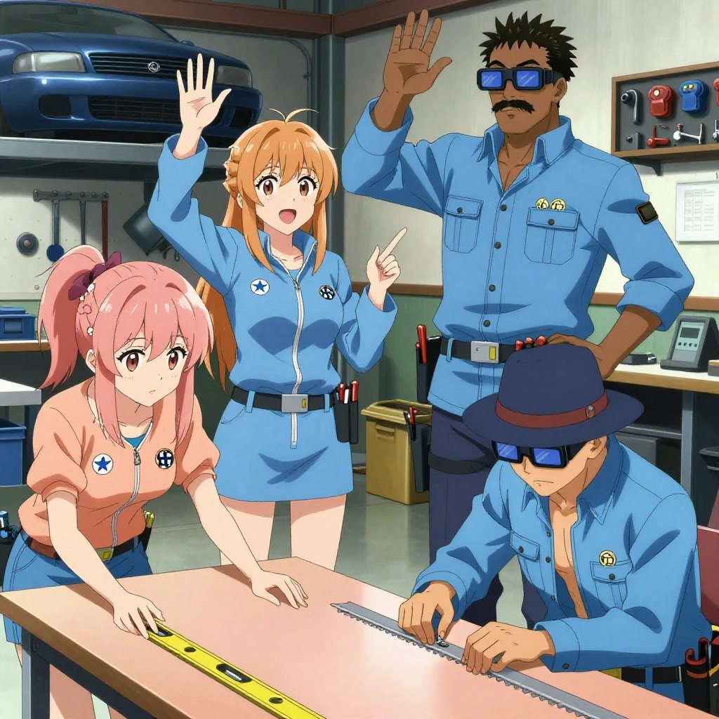 An anime scene showing 4 characters. 1. a female anime character with a petite build, soft features, no facial hair, hair in twin braids with small flower clips 2. a female anime character with a slender build, youthful face, no facial hair, side ponytail with a ribbon 3. a female anime character with a small build, round face, no facial hair, hair in a high ponytail with a bow 4. a male anime character with a tall, rugged build, short dreadlock hair, thick mustache, wearing a neatly buttoned utility jacket with a mandarin collar and two chest pockets, a utility belt with a small battery pack that connects to his eyeglasses, flat chest with no breasts All characters wear soft blue and peach scientific expedition team with a gothic romance aesthetic. Each character wears two small lapel pins — one showing the the Meta logo — a blue geometric shape like a paper airplane pointing up-right (real brand), and one showing the USDT token symbol — a T with a double horizontal line logo (abstract). One character wears a fedora. One character has utility sheathes on the belt for hand tools. Characters interact through gesture, voice, and movement — pointing, waving hands in the air, speaking to devices, touching their own fingertips together to transmit data, wearing AR glasses. No character touches a keyboard or looks at a screen. The team is building a literal sawmill in a mechanic's garage with tools organized on pegboards and cars on lifts. One sands a surface smooth before applying finish, feeling for imperfections. One cuts material to exact measurements, double-checking against the plan. One checks alignment and level before securing each joint. One assembles components using the correct fasteners and techniques. NO TEXT anywhere in this image — no speech bubbles, no word bubbles, no labels, no signs, no writing of any kind. Anime style, vibrant colors, clean composition, cinematic lighting.