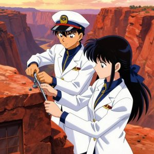 1 anime characters in white lab coats with navy blue collars and gold zipper accents fixing a literal building in a wide canyon with layered red rock walls glowing at sunset. One character wears a peaked captain's cap with a gold insignia. One female character has a navy ribbon tied in her hair. All characters wear small gold lapel badges. One carefully tightens a bolt with the appropriate tool, working by feel. NO TEXT anywhere in this image — no speech bubbles, no word bubbles, no labels, no signs, no writing of any kind. Anime style, vibrant colors, clean composition, cinematic lighting.