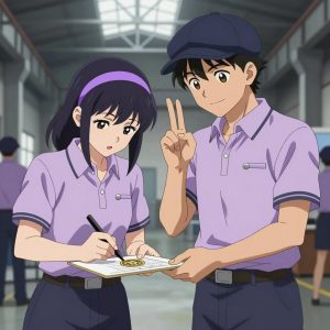 a team of 2 anime characters in soft lavender polos with dark slate pants and subtle striped collars signing a literal bitcoin in an industrial warehouse with natural light streaming through skylights. All characters wear small silver circle lapel pins. One female character has a lavender ribbon headband in her hair. One character wears a dark slate newsboy cap. One faces the camera and makes a clear ASL gesture — hand shapes, fingerspelling, or a recognizable sign — while the others continue their work nearby. One verifies dimensions with a precision tool, comparing to the specification. NO TEXT anywhere in this image — no speech bubbles, no word bubbles, no labels, no signs, no writing of any kind. Anime style, vibrant colors, clean composition, cinematic lighting.