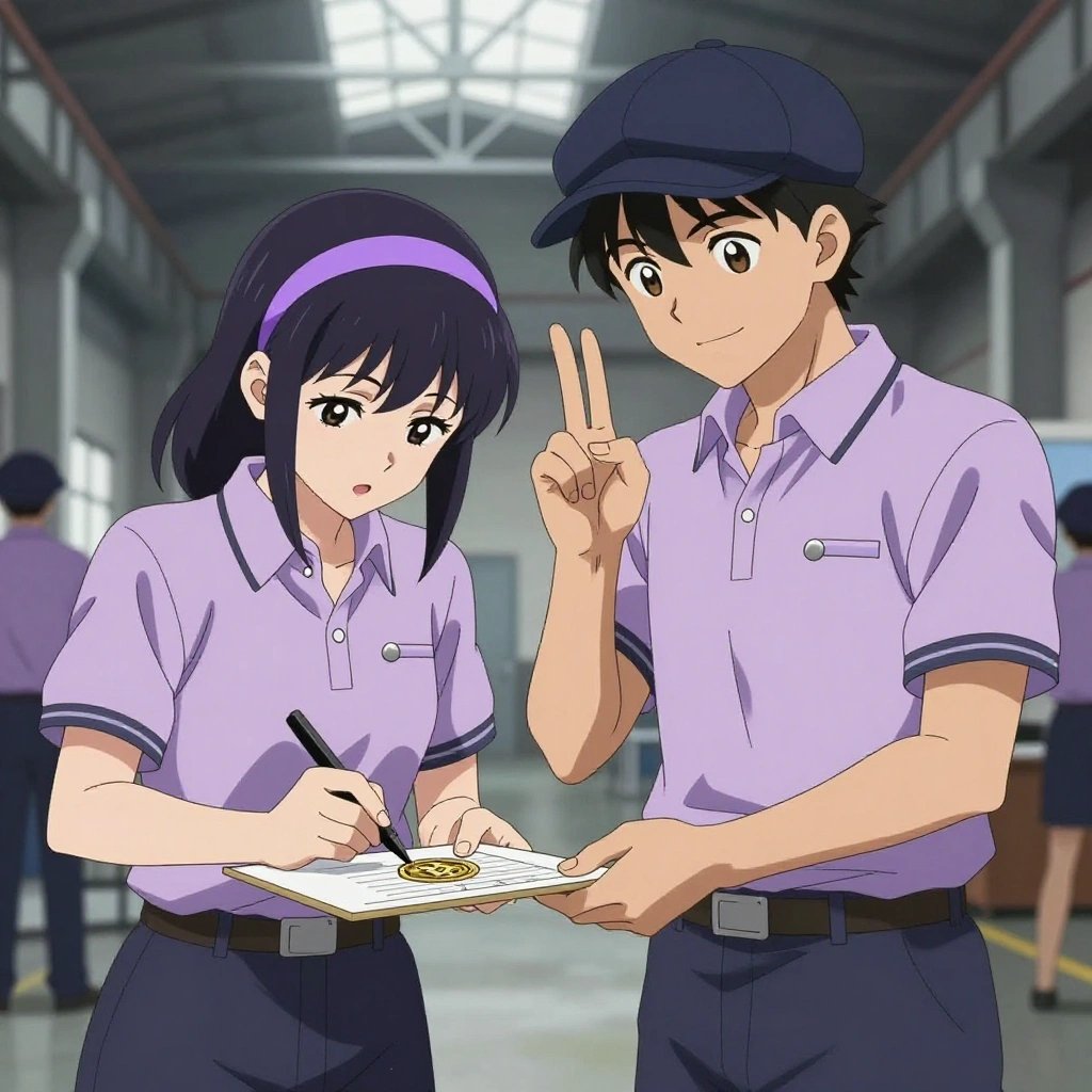 a team of 2 anime characters in soft lavender polos with dark slate pants and subtle striped collars signing a literal bitcoin in an industrial warehouse with natural light streaming through skylights. All characters wear small silver circle lapel pins. One female character has a lavender ribbon headband in her hair. One character wears a dark slate newsboy cap. One faces the camera and makes a clear ASL gesture — hand shapes, fingerspelling, or a recognizable sign — while the others continue their work nearby. One verifies dimensions with a precision tool, comparing to the specification. NO TEXT anywhere in this image — no speech bubbles, no word bubbles, no labels, no signs, no writing of any kind. Anime style, vibrant colors, clean composition, cinematic lighting.