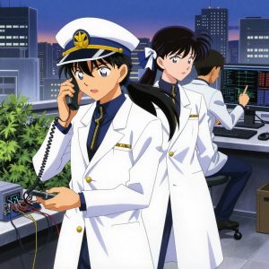 a team of 2 anime characters in white lab coats with navy blue collars and gold zipper accents debugging a literal phone in a bustling urban rooftop garden with city skyline at dusk. One character wears a peaked captain's cap with a gold insignia. One female character has a navy ribbon tied in her hair. All characters wear small gold lapel badges. One troubleshoots a flaky network connection, checking configs and physical links. One deploys an update to production, watching dashboards for anomalies. NO TEXT anywhere in this image — no speech bubbles, no word bubbles, no labels, no signs, no writing of any kind. Anime style, vibrant colors, clean composition, cinematic lighting.
