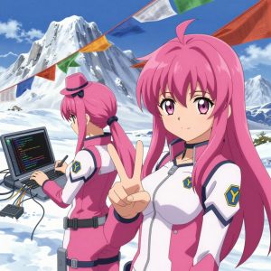 An anime scene showing 2 characters. 1. a female anime character with a slender build, youthful face, no facial hair, side ponytail with a ribbon 2. a female anime character with a petite build, cute face, no facial hair, long hair with a bow hair accessory All characters wear bright pink and white scientific expedition team with a cyberpunk aesthetic. Each character wears a small lapel pin showing the hexagon-diamond shape with a Y inside, blue and yellow logo. One character wears a fedora. One character faces the camera directly and making a peace sign β index and middle fingers extended in a V, clearly visible, hands large and clearly visible in the foreground. The team is programming a literal phone in a snowy mountain peak with prayer flags waving in strong wind. One troubleshoots a flaky network connection, checking configs and physical links. One writes and tests code, iterating based on what runs correctly. NO TEXT anywhere in this image β no speech bubbles, no word bubbles, no labels, no signs, no writing of any kind. Anime style, vibrant colors, clean composition, cinematic lighting.