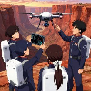 1 anime characters in dark indigo space suits with bright white life-support backpack modules debugging a literal drone in a wide canyon with layered red rock walls glowing at sunset. All characters wear small mission patch emblems on their chest. One character wears a dark indigo flight cap. One female character has a white ribbon tied neatly in her hair. One deploys an update to production, watching dashboards for anomalies. NO TEXT anywhere in this image — no speech bubbles, no word bubbles, no labels, no signs, no writing of any kind. Anime style, vibrant colors, clean composition, cinematic lighting.