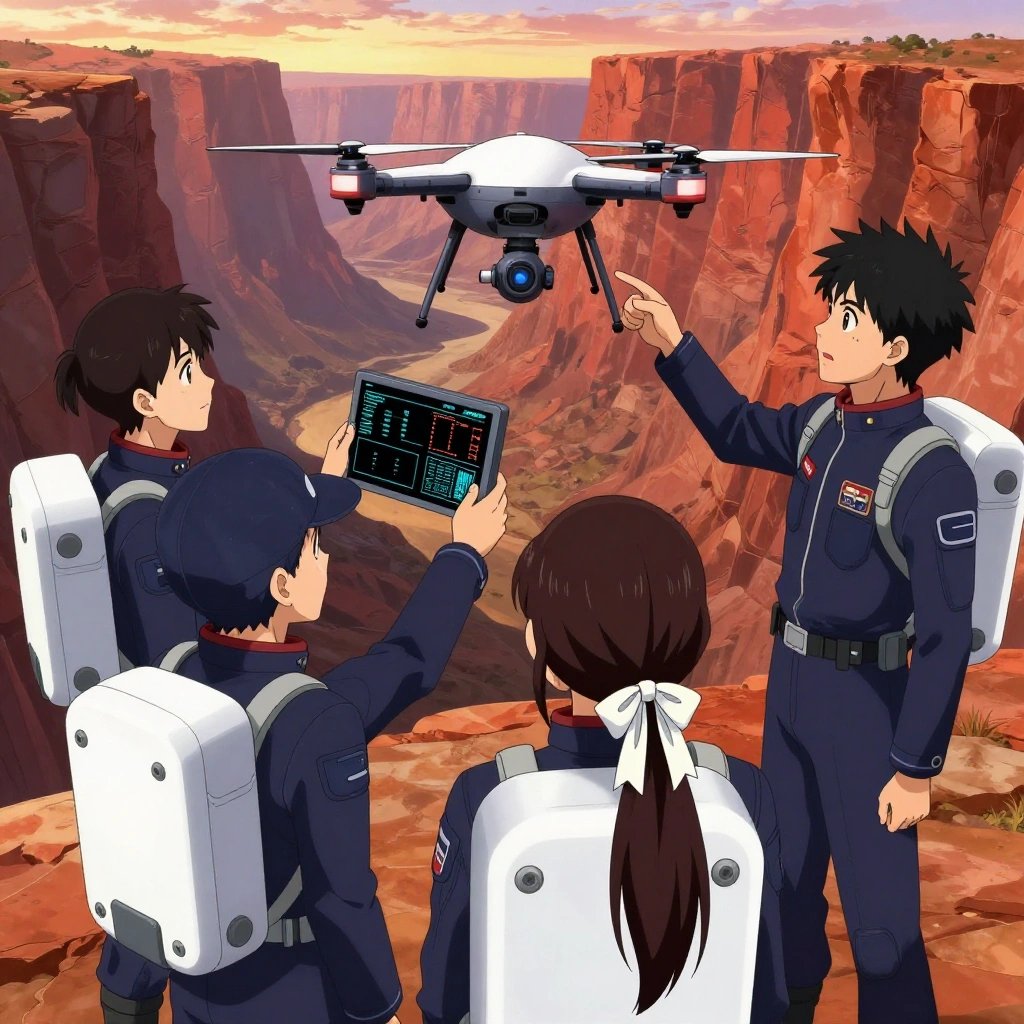 1 anime characters in dark indigo space suits with bright white life-support backpack modules debugging a literal drone in a wide canyon with layered red rock walls glowing at sunset. All characters wear small mission patch emblems on their chest. One character wears a dark indigo flight cap. One female character has a white ribbon tied neatly in her hair. One deploys an update to production, watching dashboards for anomalies. NO TEXT anywhere in this image — no speech bubbles, no word bubbles, no labels, no signs, no writing of any kind. Anime style, vibrant colors, clean composition, cinematic lighting.