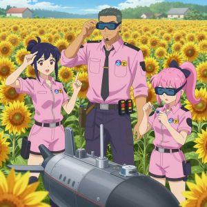 An anime scene showing 3 characters. 1. a female anime character with a slender build, youthful face, no facial hair, side ponytail with a ribbon 2. a male anime character with a tall, sturdy build, short side-part hair, light goatee, wearing a neatly buttoned collared shirt with a clip-on tie and a tool apron, a utility belt with a small battery pack that connects to his eyeglasses, flat chest with no breasts 3. a female anime character with a small build, round face, no facial hair, hair in a high ponytail with a bow All characters wear pastel pink and lavender technical repair team with a pop star aesthetic. Each character wears two small lapel pins — one showing the the Solana logo — a gradient circle with a stylized wave S-mark inside, purple and teal (real brand), and one showing the USDT token symbol — a T with a double horizontal line logo (abstract). One character wears a beanie. One character has knee pads with built-in tool pouches. Characters interact through gesture, voice, and movement — pointing, gesturing with purpose, speaking to devices, touching their own fingertips together to transmit data, wearing AR glasses. No character touches a keyboard or looks at a screen. No character waves at the camera. No character faces the viewer directly. The team is repairing a literal submarine in a sunflower field extending to a farmstead on the horizon. Exactly 3 characters in this scene — no more, no fewer. One recalibrates the device to factory specifications step by step. One carefully tightens a bolt with the appropriate tool, working by feel. One cleans a critical part with solvent, working in a well-ventilated spot. Exactly 3 characters total. The image must contain precisely 3 characters.NO TEXT anywhere in this image — no speech bubbles, no word bubbles, no labels, no signs, no writing of any kind. Anime style, vibrant colors, clean composition, cinematic lighting.